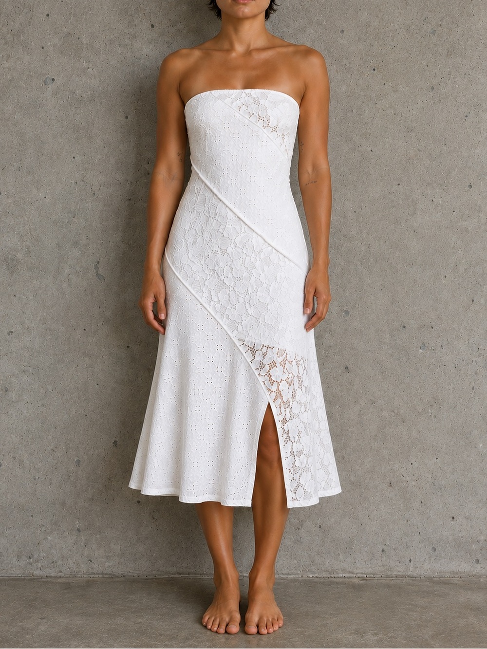 Altar'd State Strapless White Eyelet Lace Midi Dress NWT Slit Cottagecore Size M